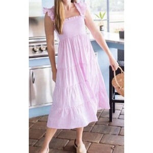 HILL HOUSE HOME Ellie Nap Dress Pink Gingham White Smocked Midi Tiered Size XS